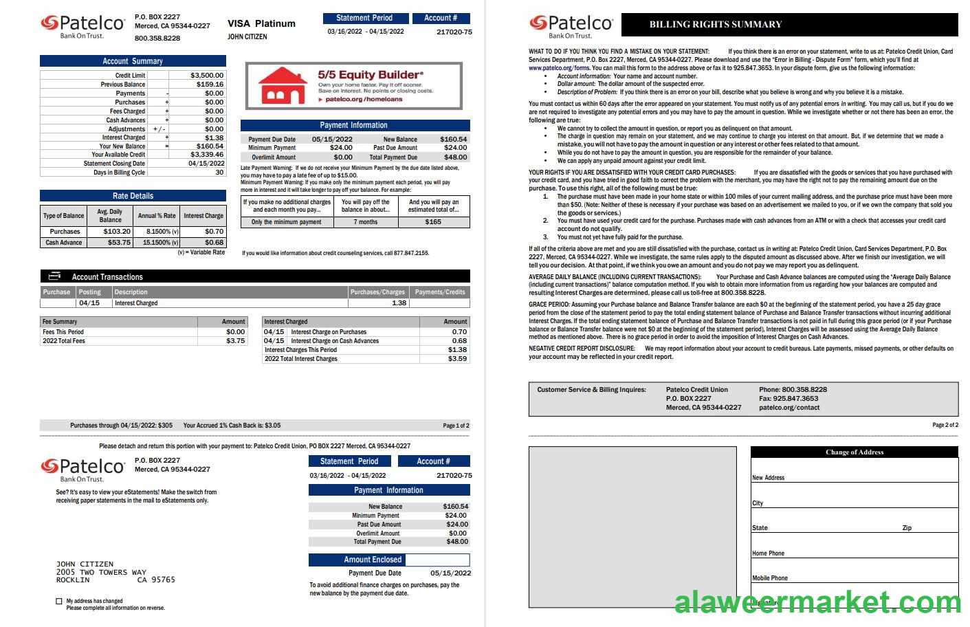 USA California Patelco bank card statement 2 pages